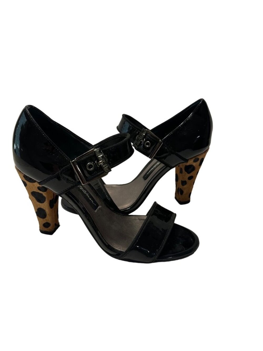BEVERLY FELDMAN Black Patent Leather Animal Print Heels Size 6